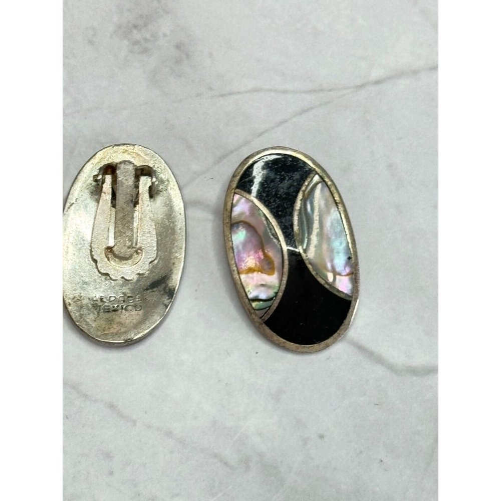 Vintage Southwestern Inlaid Abalone and Onxy Alpaca Clip On Earrings Mexico - Picture 5 of 6